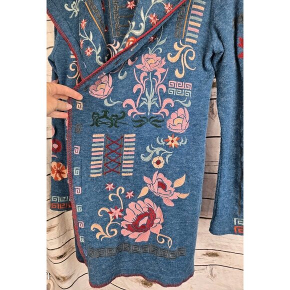 Adore Embroidered Sweater Hoodie Cardigan S Open Front Boho Teal Mid Length - Picture 3 of 8